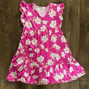 Haptics Pink Ruffled Tiered Sundress with Flutter Sleeves size L with pockets